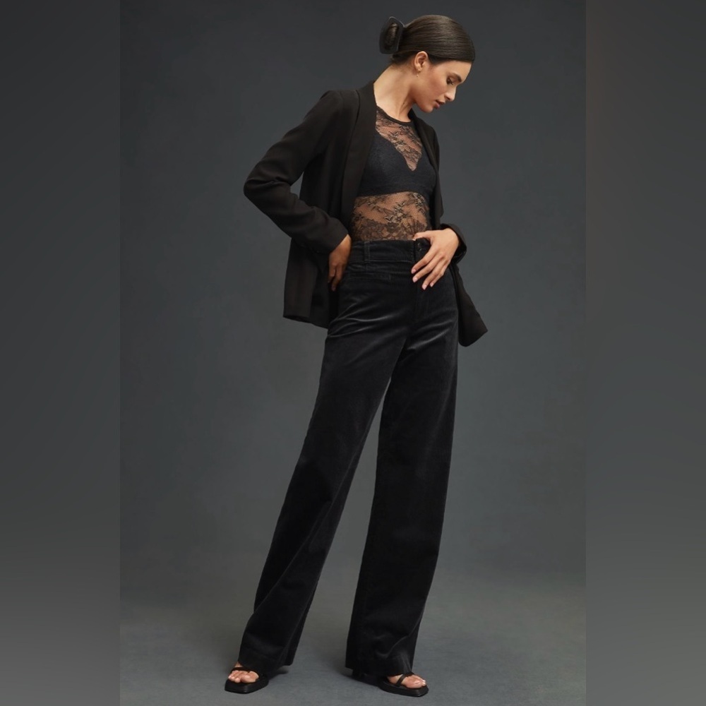 Anthropologie Black Wide-Leg Velvet Pants
